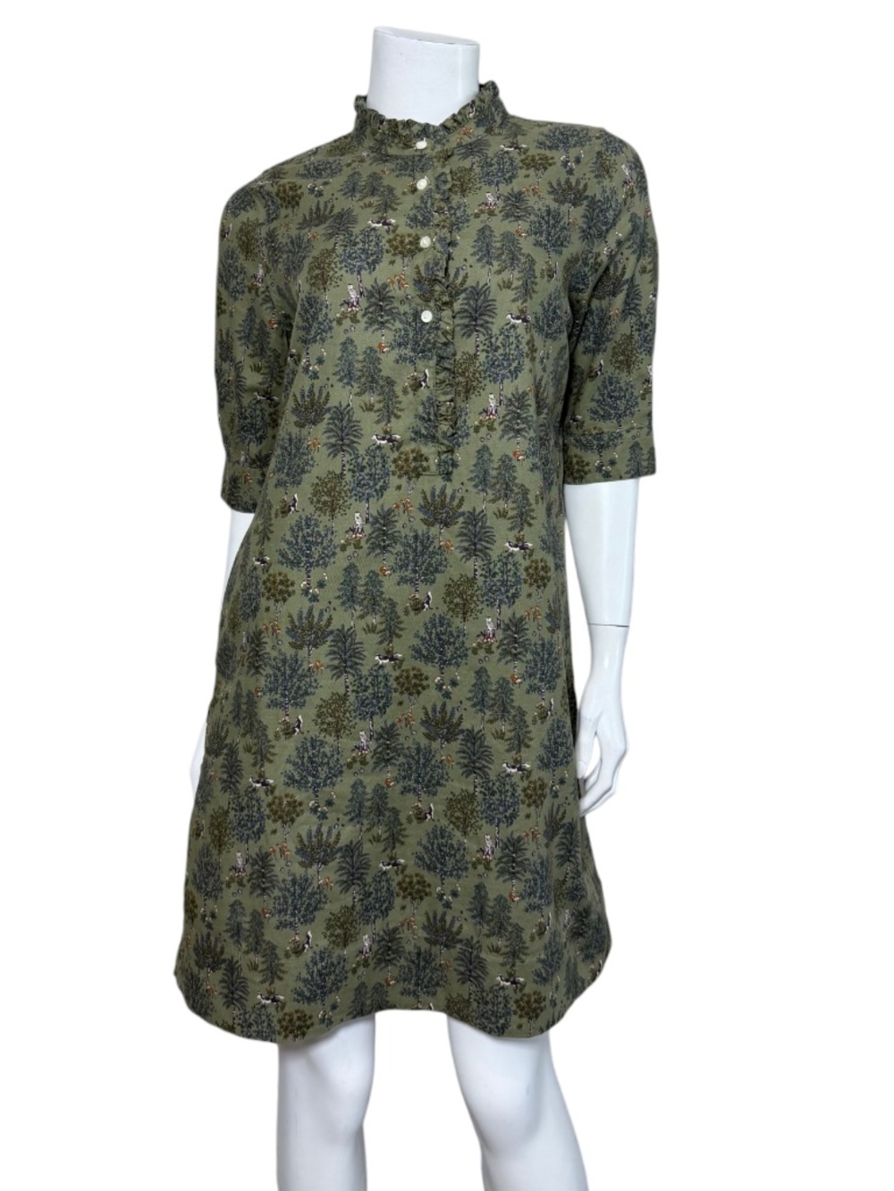 NWT Ann Mashburn Elbow Sleeve Frill Dress in Olive Forest Print Size S $395